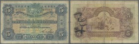 Hong Kong: 5 Dollars 1923 Hong Kong & Shanghai Banking Corporation P. S353, used with folds and creases, softness in paper and a very tiny center hole...
