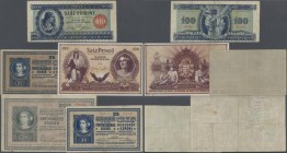 Hungary: set of 5 banknotes containing (Austria) P. 12, 13, 15: 200 and 2x 25 Kronen 1918 (1x F-, 2x VF-), 100 Pengö 1943 P. 118 (XF) and 100 Forint 1...
