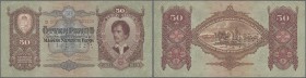 Hungary: 50 Pengö 1932 Specimen, P.99s with perforation ”MINTA” with a few vertical folds and minor spots. Condition: VF