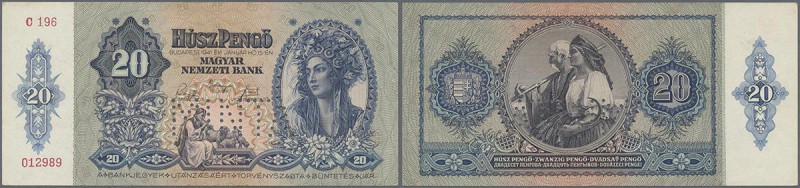 Hungary: 20 Pengö 1941 Specimen, P.109s with perforation ”MINTA” with vertical f...