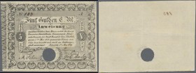 Hungary: Siege of Temesvár 5 Gulden 1849 with punch hole cancellation, P.S197b, vertically folded and a few minor spots on back. Condition: VF