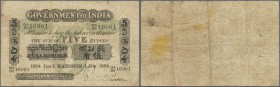 India: very rare British Government of India BURMA RANGOON issue 5 Ripees 1904 sign. Atkinson P. A1a, highly rare, used with several folds and creases...