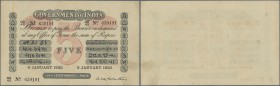 India: Government of India 5 Rupees 1922 P. A6 in exceptional condition, 2 usual pinholes at left, light stain trace on back, one corner bend, light c...