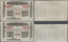 India: highly rare set of 2 consecutive notes 10 Rupees 1918 RANGOON issue P. A10 in similar condition, only very light folds in paper, no holes or te...