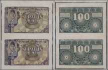 Indonesia: uncut sheet of 2 pcs 100 Rupiah 1949 P. 35G in condition: XF+.