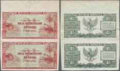 Indonesia: uncut pair of 2 1/2 Rupees 1951 Proof Prints without serial number P. 39p, with border piece on top, folded with creases in paper, original...