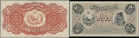 Iran: Imperial Bank of Persia front and reverse Specimen of 2 Toman 1890-93, printed by Bradbury & Wilkinson, P.2s. Both in almost perfect condition w...
