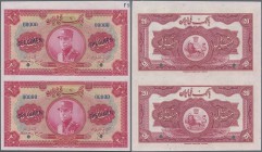 Iran: Uncut pair of the 20 Rials SH1313 (1933-34) SPECIMEN, P.26as with diagonal overprint ”Specimen” at left and right center, punch hole cancellatio...