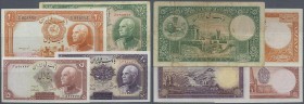 Iran: set of 5 banknotes containing 5 Rials 1942 P. 32Ae (aUNC), 10 Rials 1938 P. 32Aa (UNC), 20 Rials 1938 P. 34Aa (XF) and 50 Rials 1938 P. 35Aa (F)...