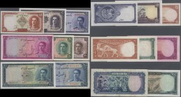 Iran: set of 8 notes containing 5 and 10 Rials 1944 P. 39, 40 (UNC and aUNC), 10 and 20 Rials 1948 P. 47, 48 (UNC), 50 Rials 1948 P. 49 (XF+ pressed),...