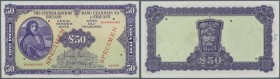 Ireland: 50 Pounds Specimen P. 61s, 5 cancellation holes, specimen overprint and zero serial numbers, not folded vertically or horizontally but light ...