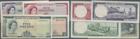 Jamaica: set with 4 Banknotes of the 1961 series containing 5 and 10 Shillings, 1 and 5 Pounds ND(1961), P.51Ad, 51Ba, 51Ca, 52b. All notes with handl...