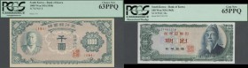 Korea: Set with 4 Banknotes comprising 10 Won ND(1949) P.2 PCGS 58, 100 Won ND(1950) P.7 PCGS 58, 1000 Won ND(1950) P.8 PCGS 63 and 100 Won ND(1965) P...