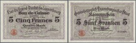 Luxembourg: 5 Francs 1914 P. 23r remainder, only a slight corner dint otherwise perfect condition: aUNC.