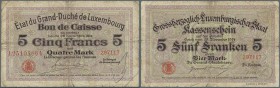 Luxembourg: Very nice set with 5 Banknotes comprising 2 x 5 Francs = 4 Mark with Signature title: ”Le Directeur général des Finances” P.23 in F-, 5 Fr...