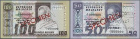 Madagascar: set of 2 SPECIMEN banknotes 50 and 100 Ariary P. 62s, 63s with Specimen overprint and Specimen perforation, zero serial numbers, both in c...