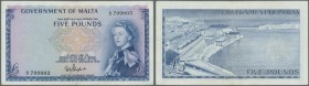 Malta: 5 Pounds ND(1961) P. 27a, light center and horizontal fold, handling in paper, probably pressed dry, no holes or tears, original colors, condit...
