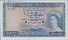 Mauritius: Government of Mauritius 10 Rupees ND(1954) color trial Specimen in blue instead of red color, P.28cts with punch hole cancellation and over...