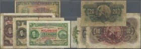 Mozambique: set of 4 banknotes 20 Escudos 1945 P. 96 (VG), 1 Escudo 1941 P. 81 (F-), 5 Escudos 1941 P. 83 (G, strongly damaged border at right) and 10...