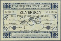 Netherlands: 2,5 Gulden 1916 P. 9, with 2 cancellation holes, one single fold at left, no tears, crisp original paper and colors. Condition: XF- to VF...