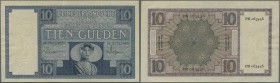 Netherlands: 10 Gulden 1928 P. 43, light center fold and a bit wavy paper at borders, but very crisp paper and original colors, condition: VF+.