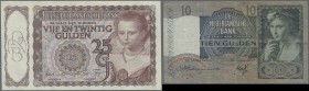 Netherlands: set of 2 notes containing 10 Gulden 1940/44 (F) and 25 Gulden 1944 (UNC), P. 56, 60. (2 pcs)