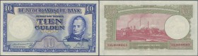 Netherlands: 10 Gulden 1945 P. 75, light center fold and light handling in paper but no holes or tears, crisp original paper and colors, condition: XF...