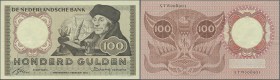 Netherlands: 100 Gulden 1953 P. 88, light vertical and horizontal folds but still very crisp paper and original colors, condition: XF.