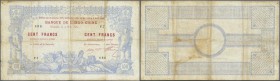 New Caledonia: 100 Francs 1914 P. 17, used with folds and creases, stain along the folds, several pinholes at left, 2 small border tears, no repairs, ...