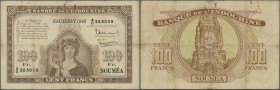 New Caledonia: 100 Francs 1943 P. 46a, used with folds and lightly stained paper, center tear and border tears, no repairs, condition: F-.