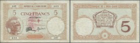 New Hebrides: 5 Francs ND P. 4a with red stamp ovpt., used with 3 pinholes, light folds in paper, no tears, still strong paper and nice colors, condit...