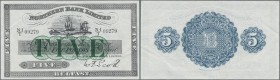Northern Ireland: Northern Bank Limited 5 Pounds 1943 P. 180, unfolded, crisp original paper, only 4 light creases but original colors, no holes or te...
