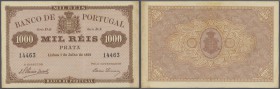 Portugal: 1000 Reis 1891 P. 66, one vertical fold, slight dints at upper right and lower left corner, light staining at right border, no holes or tear...