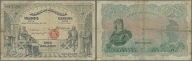 Portugal: 10.000 Reis 1910 P. 108b, well worn condition, 2cm tear at left, center hole and several folds and stainings, several tiny border tears, sti...