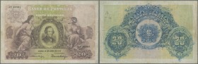 Portugal: 20 Escudos 1915 P. 115a, folded vertically and horizontally, 3 border tears (2x 5mm, 1x 1cm), no holes, not repaired, still strong paper and...