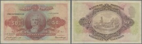 Portugal: 50 Escudos 1927 P. 123, lightly stained paper, only light folds, a professionally repaired 1cm tear at lower right, and a repaired tear (3 c...