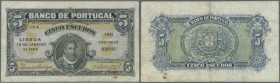 Portugal: 5 Escudos 1925 P. 133, folds, stain dot at lower right, no holes or tears, condition: F.