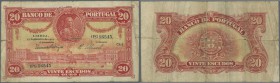 Portugal: 20 Escudos 1925 P. 135, strong horizontal fold, center hole, strong vertical fold, not repaired, still nice colors, condition: F to F-.