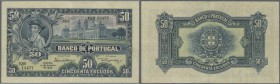 Portugal: 50 Escudos 1925 P. 136, center and horizontal fold, light handling in paper, no holes or tears, paper is crisp and colors are bright, condit...