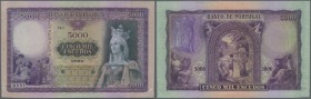 Portugal: 5000 Escudos ND(1942) Proof P. 157(p), a large size and very beautiful banknotes, higly rare on the market, 2 cancellation holes, light hori...