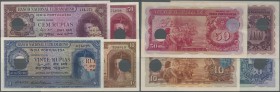 Portuguese India: set in rare top grade containing 10, 20, 50 and 100 Rupias 1945 P. 36-39, all with hole cancellations but the 10, 20 and 100 in cond...