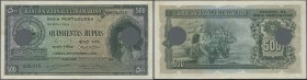Portuguese India: set of 2 notes rare denomination of this series 500 Rupias 1945 P. 40, hole cancelled, only light folds and creases in paper, crisp ...