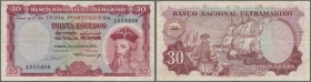 Portuguese India: 30 Escudos 1959 P. 41, uncancelled, used with folds and creases but still strong paper and bright colors, no holes or tears, conditi...
