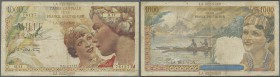 Réunion: 1000 Francs ND(1947) P. 47, used with stronger center folds, stained paper, a few pinholes but not washed or pressed, condition: F.