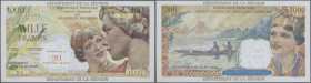 Réunion: 20 NF on 1000 Francs ND(1960) P. 55, only a light center bend and minor corner folding, crisp original without holes or tears, very colorful,...