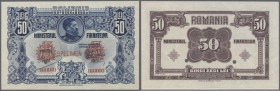 Romania: 50 Lei ND(1920) Specimen P. 73s, a fold directly along the lower and right border, a light crease at upper left, otherwise perfect, condition...