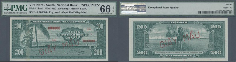 South Vietnam: 200 Dong ND(1955) Specimen P. 14as1, rare banknote specimen in co...
