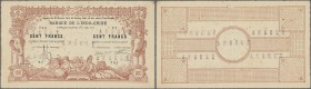 Tahiti: 100 Francs 1914 with several smaller stamps ”Annule” P. 3, small stain dots in paper, minor pinholes, center fold and handling in paper, no te...