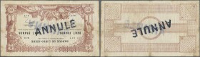 Tahiti: 100 Francs 1920 Banque de l'Indochine P. 6b with ”Annule” stamp on front and back, several pinholes in paper, large 4cm tear at left border, m...