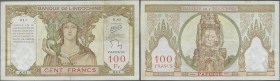 Tahiti: 100 Francs ND P. 14c, vertical and horizontal fold, a few minor pinholes, minor border tears, still very strong paper and nice colors, conditi...